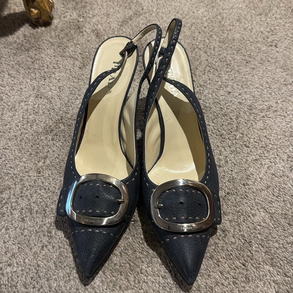 Prada Black Slingback Pointed Toe Heels with Silver Buckle
